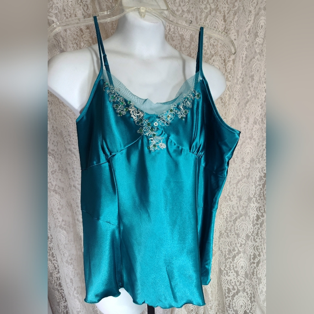 ECI Liquid Satin Teal Blue Camisole With Bling Alone Ir Layering Sz L